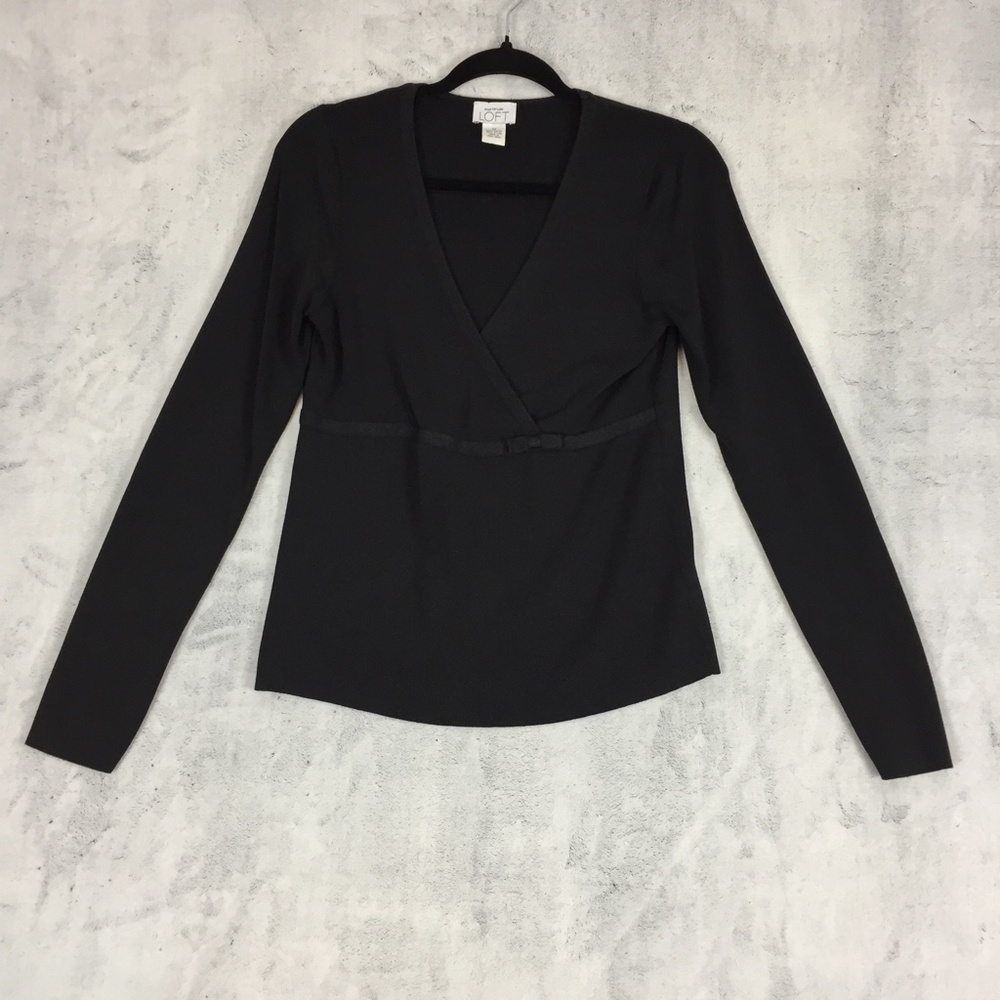 Ann Taylor Loft Cross Front Top Sz Medium Black Ribbed V Neck Tunic